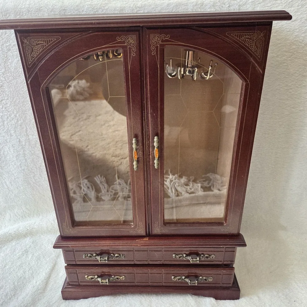 Vintage Jewelry Box Wood Glass Doors Finish 16